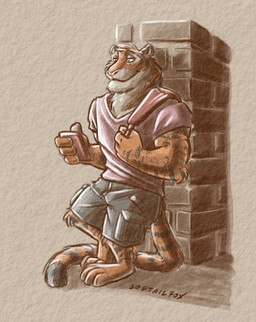 anthro backpack big_arms bottomwear cellphone clothing countershading electronics fur leaning male muscular orange_body orange_fur phone pink_clothing pink_shirt pink_topwear pockets shirt shorts smartphone smile solo tan_body tan_fur topwear wall_(structure) softailfox disney zootopia tiger_dancer_(zootopia) felid mammal pantherine tiger