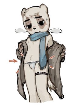 anthro bodily_fluids bulge clothing exhibitionism genital_fluids male panties precum precum_through_clothing precum_through_underwear scarf simple_background solo underwear wet wet_clothing white_background rusjerry aggretsuko sanrio anai_(aggretsuko) badger japanese_badger mammal meles mustelid musteline hi_res