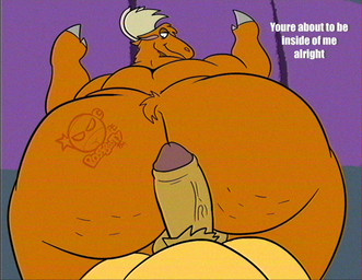 alternate_species anthro antlers big_butt big_penis brown_body brown_fur butt cellulite duo female female_anthro fur furrification genitals horn huge_butt humanoid_genitalia humanoid_penis imminent_sex male male/female mismatched_sexual_dimorphism nude nude_anthro nude_female overweight overweight_female penis penis_on_ass tan_antlers text thick_thighs vein veiny_penis possbooty cartoon_network johnny_bravo_(series) becky_(johnny_bravo) johnny_bravo deer mammal moose new_world_deer 2025 digital_drawing_(artwork) digital_media_(artwork) english_text hi_res