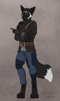 anthro black_body black_fur clothing disability fur male prosthetic prosthetic_arm prosthetic_limb red_eyes solo blokfort polaris_(mousguy) canid canine fox mammal 2020 hi_res