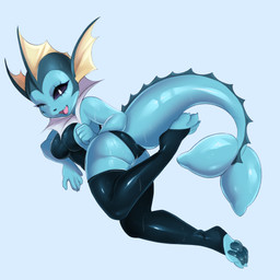 anthro bodily_fluids clothing feet female glistening glistening_clothing latex legwear leotard looking_at_viewer lying on_front pawpads paws soles solo sweat swimwear teasing teasing_viewer thigh_highs toes wet wet_body cinnamofox nintendo pokemon eeveelution generation_1_pokemon pokemon_(species) vaporeon 1:1 hi_res
