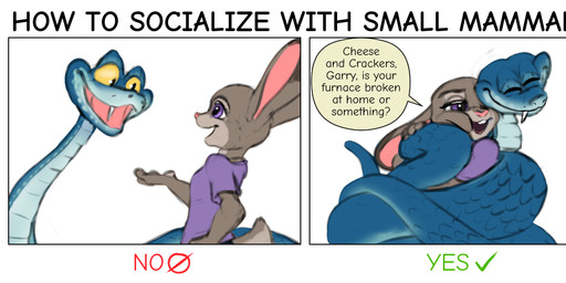 anthro blue_body blue_scales clothing coiled_up coiling coiling_another duo fangs female feral fur grey_body grey_fur hug male missing_fang purple_clothing purple_shirt purple_topwear rabbit_ears scales scut_tail shirt short_tail simple_background tail teeth text topwear white_background yellow_eyes daaberlicious disney zootopia gary_de'snake judy_hopps european_rabbit lagomorph leporid mammal oryctolagus pit_viper rabbit reptile scalie snake viper english_text