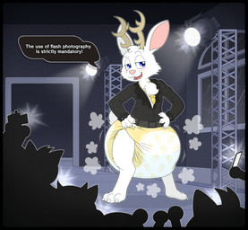 anthro antlers belt big_diaper blue_eyes buckteeth camera carrot chain chest_tuft claws clean_diaper clothing cotton_tail diaper electronics fashion fashion_show food gold_(metal) gold_chain horn huge_diaper jacket jewelry male necklace paparazzi phone plant solo speech_bubble spotlight teeth text topwear tuft vegetable white_diaper yellow_diaper tenerius jackalope lagomorph mammal absurd_res english_text hi_res
