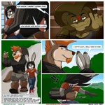 aaron_(artist) andy_porter anthro big_bulge big_muscles brown_body brown_fur bulge canid canine canis cobra cole_(aaron) comic dialogue english_text facial_hair fur grey_body grey_fur group hi_res lagomorph leporid male mammal marcelo_(aaron) muscular muscular_male reptile scalie snake speech_bubble tattoo text url wolf