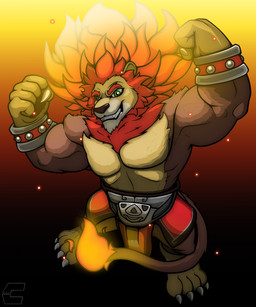 anthro biped black_nose bottomwear bracelet brown_body brown_fur claws clenched_teeth clothed clothing fire fist flaming_hair flaming_mane flaming_tail flexing fur gradient_background hair jewelry loincloth male male_anthro mane muscular muscular_anthro muscular_male orange_hair paws pecs pseudo_hair pseudo_mane simple_background smile solo spiked_bracelet spikes tail teeth nega_threuy rivals_of_aether zetterburn felid feline lion mammal pantherine 2025 digital_media_(artwork) hi_res