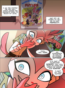 anthro anthrofied blue_body blue_eyes blue_fur clothed clothed_anthro clothing dialogue fur grin harmony_scarf male pink_body pink_ears pink_fur pink_tail pokemorph poster_(object) smile solo tail teeth text toothy_grin white_body white_fur odeko-yma nintendo pokemon pokemon_mystery_dungeon spike_chunsoft pix_(odeko-yma) eeveelution generation_6_pokemon pokemon_(species) sylveon absurd_res comic english_text hi_res
