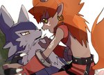 anthro duo ear_piercing ear_ring fur green_eyes grey_body grey_fur hair hand_holding male male/male piercing red_hair ring_piercing yellow_eyes takedaconomi2 bandai_namco digimon digimon_(species) flamemon strabimon