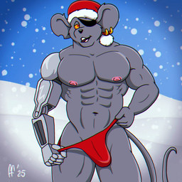 abs anthro black_nose buckteeth bulge christmas_clothing christmas_headwear clothing clothing_pull cybernetic_arm cybernetic_limb ear_piercing ear_ring eye_patch eyewear front_view fur grey_body grey_fur hat headgear headwear holidays male muscular muscular_anthro muscular_male navel nipples notched_ear open_mouth pecs piercing pink_nipples red_clothing red_eyes red_thong red_underwear ring_piercing santa_hat snow snowing solo tail teeth thong thong_pull underwear underwear_pull yellow_sclera fabfelipe biker_mice_from_mars christmas modo_(bmfm) alien mammal mouse murid murine rodent 1:1 2025 hi_res