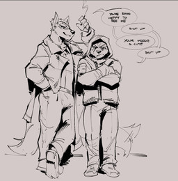 5_fingers anthro clothing duo fingers footwear male shoes smoking speech_bubble tail tail_motion tailwag text mashtateos nintendo star_fox fox_mccloud wolf_o'donnell canid canine canis fox mammal wolf english_text sketch