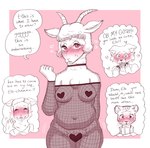 anthro blush body_stocking breasts chest_tuft clothed clothing dialogue embarrassed female fishnet_clothing fur group heart_pasties heart_symbol horn looking_at_viewer navel pasties slightly_chubby slightly_chubby_female solo_focus text tuft white_body white_fur mutedlavender beastars els_(beastars) juno_(beastars) peach_(beastars) sheila_(beastars) angora_goat bovid canid canine canis caprine cheetah domestic_goat felid feline goat mammal sheep wolf 2021 english_text hi_res