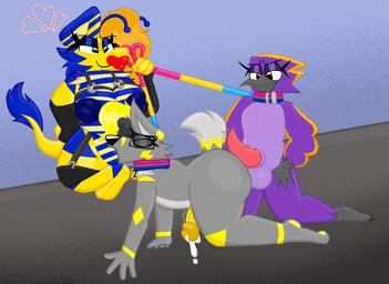 antennae_(anatomy) anthro beak big_penis bisexual_pride_colors black_clothing blue_body blue_fur blue_nipples bodily_fluids chain clothing collar cum cunnilingus eyelashes eyewear female fur genital_fluids genitals glasses grey_body grey_fur group heart_symbol humanoid_genitalia humanoid_penis leash leash_pull legband lgbt_pride lipstick looking_down looking_down_at_partner makeup male male/female nipples oral orange_body orange_fur pansexual_pride_colors penis penis_on_ass precum pride_colors purple_body purple_fur sex simple_background smile smirk tapering_penis thighband throbbing throbbing_penis trio vaginal yellow_body yellow_fur yellow_penis zoyeensadart mythology honeycomb_(zoyeensadart) unnamed_character zo_(zoyeensadart) avian bird canid canine canis dragon furred_dragon furred_scalie hyena mammal mythological_creature mythological_scalie scalie wolf hi_res