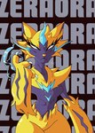 anthro black_body breasts claws electricity facial_hair female fur looking_at_viewer multicolored_body mustache small_waist solo white_eyes yellow_body yellow_fur yellow_nose rentressy nintendo pokemon felid generation_7_pokemon legendary_pokemon mammal pokemon_(species) zeraora hi_res