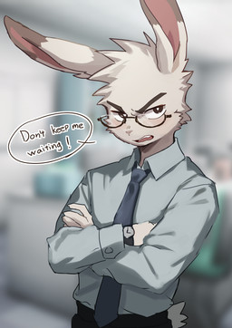 accessory adolescent anthro black_necktie blue_clothing blue_shirt blue_topwear clock clothed clothing dialogue eyewear fully_clothed fur glasses male male_anthro necktie shirt solo speech_bubble standing text topwear watch white_body white_fur wristwatch young young_anthro young_male tarobandit lagomorph leporid mammal rabbit absurd_res english_text hi_res