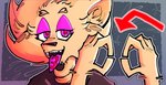 ambiguous_gender anthro fur number_on_body pink_eyes red_arrow solo tan_body tan_fur tongue tongue_out bluddly bluddly_(character) canid canine fox mammal hi_res