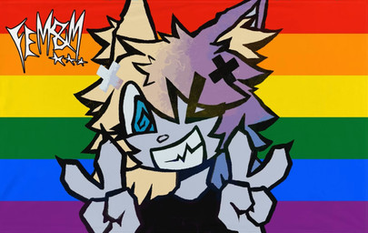 anthro blue_eyes chibi female grey_body hair lgbt_pride multicolored_hair pride_colors sharp_teeth solo spinny_eyes teeth two_tone_hair unknown_artist fem&m canid canine canis mammal wolf hi_res trans_(lore) trans_woman_(lore)