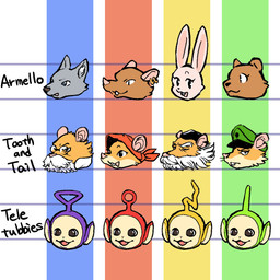 ambiguous_gender antennae_(anatomy) anthro brown_body brown_fur buckteeth clothing eyewear facial_hair female fur glasses group hat headgear headwear humor looking_at_viewer male pink_nose simple_background smile teeth text harefurahoroni armello league_of_geeks teletubbies tooth_and_tail amber_(armello) archimedes_(tooth_and_tail) arroyo_bellafide dipsy_(teletubbies) hopper_(tooth_and_tail) laa-laa_(teletubbies) mercurio_(armello) po_(teletubbies) quartermaster_(tooth_and_tail) sana_(armello) thane_(armello) tinky_winky_(teletubbies) bear canid canine canis mammal murid murine rat rodent teletubby wolf 1:1