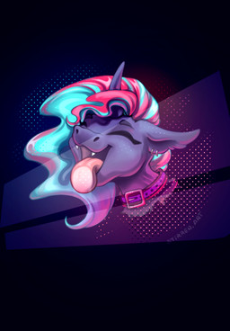 collar curved_horn ear_piercing ear_ring eyes_closed fangs_bared female feral horn licking piercing ring_piercing simple_background solo tongue stirren hasbro my_little_pony mythology synthie_glitch bat_pony equid equine mammal mythological_creature mythological_equine unicorn hi_res portrait
