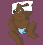 anthro bed bedroom_eyes belly big_belly brown_body brown_fur bulge clothed clothing floppy fur furniture grin looking_at_viewer lying male narrowed_eyes navel nipples on_back overweight pillow seductive smile solo topless underwear pretzelgremlin sam_and_max samuel_dog canid canine canis domestic_dog mammal 2022 absurd_res hi_res