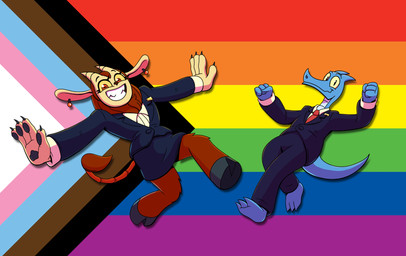 accessory anthro bottomwear claws clenched_teeth clothed clothing duo ear_piercing facial_hair fangs female fur goatee hooves horn lgbt_pride looking_at_viewer male mane midair name_tag necktie pants paws piercing pointy_nose pride_color_background pride_colors progress_pride_colors scales simple_background skirt smile smiling_at_viewer stinger stinger_tail suit suit_jacket tail teeth wide_eyed travis_the_dragon dungeon_flippers european_mythology iranian_mythology lgbt_pride_month middle_eastern_mythology mythology cleaveland_(dungeon_flippers) maulie_(dungeon_flippers) dragon felid mammal manticore mythological_creature mythological_scalie scalie western_dragon 2025 hi_res