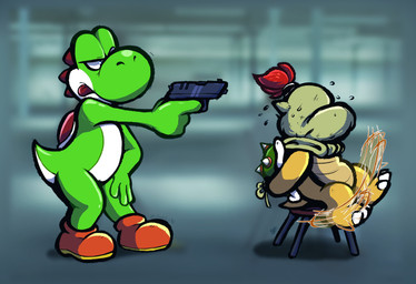 3_toes 4_fingers aiming_gun anthro bag_over_head belly brown_clothing brown_footwear brown_shoes clothing duo feet fingers footwear green_body gun hair holding_gun holding_object holding_ranged_weapon holding_weapon imminent_death imminent_execution male orange_spikes parody photo_background ranged_weapon red_hair red_shell shadow shell shoes spiked_shell spikes spikes_(anatomy) toes tongue tongue_out voice_actor_joke weapon white_belly invdrscar childish_gambino mario_bros nintendo the_super_mario_galaxy_movie this_is_america bowser_jr. yoshi_(character) dinosaur koopa prehistoric_species reptile scalie 2026 absurd_res digital_drawing_(artwork) digital_media_(artwork) english_description full-length_portrait hi_res mixed_media photography_(artwork) portrait