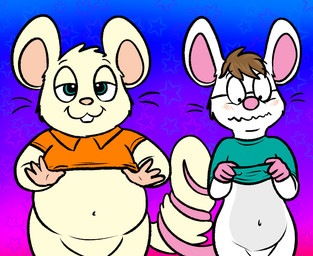 4_fingers anthro bald_crotch bedroom_eyes belly big_belly big_ears blue_background blue_eyes blush bottomless brown_hair buckteeth cheek_tuft closed_smile clothed clothing clothing_lift crotch_lines duo embarrassed entwined_tails exposed eyebrows eyewear facial_tuft fingers fluffy fluffy_tail front_view fupa fur fur_tuft glasses glistening glistening_eyes gradient_background green_clothing green_shirt green_topwear grey_belly grey_body grey_fur hair half-closed_eyes head_tuft long_tail looking_at_self looking_at_viewer looking_down looking_forward male male/male monotone_belly monotone_body monotone_clothing monotone_face monotone_fur monotone_hair monotone_shirt monotone_tail monotone_topwear mouth_closed multicolored_body multicolored_ears multicolored_fur narrowed_eyes navel orange_clothing orange_shirt orange_topwear overweight overweight_anthro overweight_male pattern_background pink_background pink_ears pink_nose pink_tail pubic_mound purple_background round_ears seductive shirt shirt_lift short_hair shy simple_background smile snout star-shaped_background tail tail_coil teeth thin_eyebrows topwear tuft two_tone_body two_tone_ears two_tone_fur whiskers white_belly white_body white_ears white_face white_fur white_tail nishi_oxnard oxynard rex_(mouse) cricetid hamster house_mouse mammal mouse murid murine rodent half-length_portrait portrait
