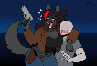 anthro belt belt_buckle belt_pouch black_hair blush blush_lines bottomwear breasts bubble buckle clothing denim denim_bottomwear denim_clothing drunk drunk_bubble duo ears_up eyebrows female fur grey_body grey_fur gun hair hand_on_another's_shoulder hand_on_shoulder holding_gun holding_object holding_ranged_weapon holding_weapon jacket jeans looking_at_another male night open_mouth outside pants ranged_weapon red_eyes red_hair shirt substance_intoxication tail teeth teeth_showing tomboy tongue topwear weapon gorgonwriting freya_(gorgonwriting) human mammal hi_res