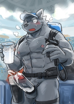 5_fingers abs anthro backpack balls baseball_cap beverage biped black_nose blue_clothing blue_headwear blush bodily_fluids cheek_tuft clothed clothing container cum cum_in_a_cup cum_in_container cup ejaculation erection exhibitionism facial_tuft fingers foreskin front_view fur genital_fluids genitals glans grey_balls grey_body grey_fur grey_penis group hat hat_only headgear headgear_only headwear headwear_only holding_beverage holding_container holding_cup holding_object humanoid_genitalia humanoid_penis large_group looking_at_viewer machine male milking_machine mostly_nude muscular muscular_anthro muscular_male nipples nozzle orgasm orgasm_face pecs penile penis penis_milking pink_glans pink_nipples pubes public public_erection public_exposure retracted_foreskin snout solo_focus stadium standing sweat tuft royalsobatya canid canine canis mammal wolf 2019 absurd_res digital_media_(artwork) hi_res portrait three-quarter_portrait
