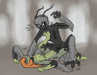 antennae_(anatomy) arm_tuft asphyxiation black_body breath choking collarbone disembodied_hand duo feet female female/female fingering genitals glistening glistening_body green_body leg_tuft membrane_(anatomy) multi_arm multi_limb nipples questionable_consent size_difference slim toes tuft vulva webbed_feet webbed_hands serth hangmoss westerly_(serth) amphibian cryptid frog hi_res