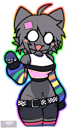 alternative_fashion anthro belt big_belt blush bottomwear clothing fangs female fur gloves grey_body grey_fur grey_skin handwear multicolored_clothing pelvis rainbow_clothing scene_(fashion) shirt shorts solo sweater teeth topwear white_clothing white_eyes white_shirt white_topwear h1kurs nyan_cat_(copyright) pursuitcore nyan_(pursuitcore) nyan_cat domestic_cat felid feline felis mammal hi_res meme