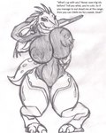 3_fingers 3_toes anthro areola arm_quills armor big_areola big_breasts bodysuit breast_play breasts carbine clothed clothing cuisse dialogue digitigrade fangs feet female fingers gun gun_on_shoulder hand_on_breast head_crest holding_gun holding_object holding_ranged_weapon holding_weapon knock-kneed looking_at_viewer nipples non-mammal_breasts non-mammal_nipples quill_hair ranged_weapon short_tail simple_background skinsuit sleeveless smile smiling_at_viewer solo tail teeth text thick_thighs thigh_gap tight_clothing toes unitard weapon white_background wide_hips dragon-heart halo_(series) microsoft xbox_game_studios alien ibie'shan kig-yar scalie 2019 english_text hi_res monochrome