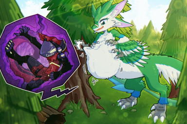 3_fingers 4_ears 4_toes 5_fingers 5_toes anthro anthro_prey armor belly big_belly big_claws big_head black_armor black_body black_fur blue_body blue_feathers blue_wings bulging_belly chibi claws duo evergreen_tree feather_hair feathered_wings feathers feet female female_pred finger_claws fingers forest fur grass green_body green_feathers green_hair green_wings grey_body grey_feathers hair hand_on_own_belly inner_ear_fluff internal larger_female larger_nude larger_taur machine multi_ear nude nude_female nude_taur outside pink_inner_ear plant protogen_armor pseudo_hair purple_flesh purple_insides purple_stomach red_armor red_belly red_body red_fur red_hair red_mouth size_difference smaller_anthro standing taur_pred toe_claws toes tree tuft vore white_belly white_body white_claws white_feathers white_inner_ear_fluff white_wings winged_arms wings samill_(bluedwarf) cyphen-proto_(worldman15) evergreen_(frostytd156) avali avali_taur avian protogen taur 2026 3:2 digital_media_(artwork) hi_res female_(lore)