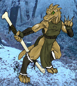 3_toes 4_fingers anthro bone bone_club clothing feet fingers flat_chested fur green_sclera holding_object holding_weapon horn leg_warmers legwear pelvic_curtain pupils scales smile snow solo standing tabard tabard_only tail toes topwear weapon yellow_body yellow_eyes yellow_scales mca_jabberwocky dungeons_and_dragons hasbro wizards_of_the_coast rezzic kobold scalie 2009