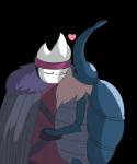 accessory anthro armor beard cloak clothing duo eyes_closed facial_hair hand_holding headband heart_symbol kissing long_beard male male/male shell mewnna_caythin hollow_knight team_cherry nailmaster_sheo_(hollow_knight) nailsmith_(hollow_knight) arthropod beetle insect rhinoceros_beetle scarabaeid triceratops_beetle featureless_(disambiguation) 5:6 alpha_channel hi_res