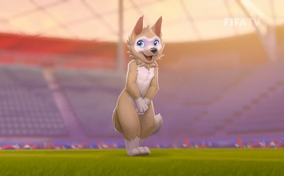 anthro black_nose blue_eyes casual_nudity clothing covering covering_crotch covering_self fur grass looking_away male mascot multicolored_body multicolored_fur nude open_mouth open_smile outside plant smile solo stadium sunset tan_body tan_fur two_tone_body two_tone_fur white_body white_fur young young_anthro zaush fifa zabivaka canid canine canis mammal wolf digital_media_(artwork) watermark