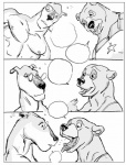 anthro bear bear_boy_(furronika) canid canine canis clothed clothing comic dialogue domestic_dog drunk duo empty_speech_bubble eyewear floppy_ears furronika glasses greyscale low-angle_view male male/male mammal monochrome open_mouth piercing shirt speech_bubble substance_intoxication tank_top tongue tongue_out tongue_piercing topless topwear