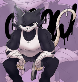 anthro bandaged_hand black_body bottomwear cigarette clothing collar gun male muscular pants ranged_weapon shirt solo topwear weapon crowundeadcat crow_(thedeathcrow) domestic_cat felid feline felis mammal hi_res