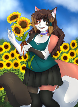 5_fingers anthro bottomwear breasts brown_body brown_eyes brown_fur brown_hair clothing collar day female fingers flower fur green_clothing hair holding_sunflower legwear outside plant skirt smile solo stockings sunflower tail ryokoneko gemini_(ryokoneko) domestic_cat felid feline felis mammal 2026 digital_media_(artwork) hi_res
