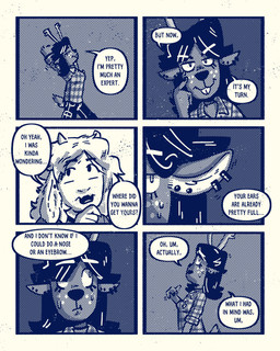 anthro bodily_fluids dialogue dog_tags duo ear_piercing ear_ring female flannel_shirt freckled_face freckles jewelry male necklace piercing ring_piercing speech_bubble sweat sweatdrop sexylinguini deltarune undertale undertale_(series) asriel_dreemurr dess_holiday bovid caprine deer goat mammal new_world_deer reindeer absurd_res comic halftone hi_res monochrome