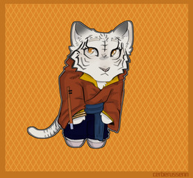 anthro bangle bottomwear bracelet chibi clothing collar facial_markings head_markings jewelry male markings orange_background pants robe sash simple_background solo stripes yellow_eyes cerberussenn kota_rai_(cerberussenn) felid mammal pantherine tiger absurd_res hi_res signature