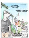 anthro bad_neighborhood being_watched canid canine canis clothing digital_media_(artwork) domestic_dog dustbin english_text exclamation_point female gesture group heart_symbol husky looking_at_another male mammal neighbor nordic_sled_dog spitz stalking street tail text trash_bag trash_can underwear waving zaush