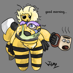1_eye 4_arms ambiguous_gender antennae_(anatomy) anthro areola areola_slip beverage big_breasts blush blush_lines bodily_fluids bottomless bra bra_only breast_lick breast_play breasts clothed clothing coffee coffee_mug duo eyelashes featureless_legs female fupa hair head_between_breasts head_only holding_object holding_pillow licking long_tongue messy_hair morning multi_arm multi_limb pillow ponytail stinger sweat sweatdrop sweaty_breasts tongue underwear underwear_only ishitmypants european_mythology gromit_mug irish_mythology mythology arthropod bee cyclops dullahan humanoid hymenopteran insect 1:1