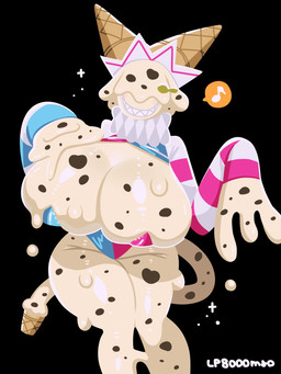 anthro breasts cleavage cleavage_overflow clothed clothing female food frilly hat headgear headwear ice_cream_cone jester leotard sharp_teeth sleeves smile solo tail teeth thick_thighs lp8000mao ice_cream_creature 3:4 hi_res
