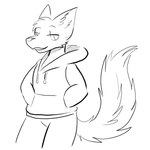 ambiguous_gender anthro biped bottomwear cheek_tuft clothed clothing ear_tuft facial_tuft fluffy fluffy_tail half-closed_eyes head_tuft hoodie inner_ear_fluff looking_at_viewer narrowed_eyes open_mouth pants simple_background smile smiling_at_viewer smirk smirking_at_viewer solo tail topwear tuft white_background manitka tyler_storm_(cpueasy) canid canine canis mammal wolf 1:1 2024 black_and_white digital_media_(artwork) hi_res monochrome sketch