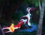 black_body black_fur detailed_background feral forest fur night outside plant red_body red_fur sitting solo tail tree white_body white_fur silvyr mythology dragon furred_dragon furred_scalie mythological_creature mythological_scalie scalie wingless_dragon 2019 digital_media_(artwork)