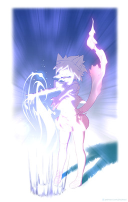 5_fingers ambiguous_gender anthro border bottomwear bow_ribbon clothed clothed_anthro clothing detailed_background eyes_closed fingers fir footwear grass hair knee_highs knee_socks legwear magic magic_user midriff navel patreon_logo plant shirt shoes shorts socks solo standing tail text topwear white_border powfooo patreon domestic_cat felid feline felis mammal 2016 hi_res url