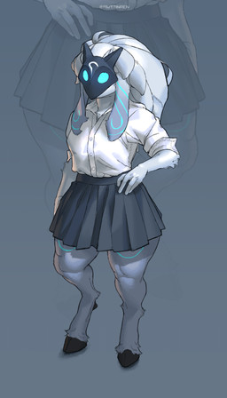 anthro asian_clothing blue_eyes blue_markings bottomwear breasts clothed clothed_anthro clothed_female clothing cloven_hooves collared_shirt dewclaw_hooves dipstick_ears dress_shirt ear_markings east_asian_clothing empty_eyes female female_anthro floppy_ears front_view fully_clothed fully_clothed_anthro fully_clothed_female fur fur_markings grey_background hair hand_on_hip hooves japanese_clothing japanese_school_uniform looking_at_viewer lop_ears markings mask multicolored_ears pupils school_uniform shirt simple_background skirt solo standing text thick_thighs topwear twitter_handle unguligrade uniform wearing_mask white_body white_fur white_hair wide_hips ruttinren league_of_legends riot_games tencent kindred_(lol) lamb_(lol) bovid caprine mammal 2025 absurd_res artist_name colored digital_drawing_(artwork) digital_media_(artwork) full-length_portrait hi_res portrait shaded