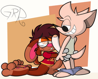 3_toes 4_fingers anthro big_feet big_grin bottomwear bottomwear_down butt butt_grab cartoon_gloves clothed clothing curling_toes duo eyewear feet fingers genitals glasses hand_on_butt kneeling male male/male partially_clothed pawpads paws penis penis_on_face shirt shorts shorts_down soles spread_toes tail toes toony topwear wearing_glasses conditional_dnp sr-g paco_(sr-g) roderick_(tamerkoh) canid canine canis chihuahua domestic_dog lagomorph leporid mammal rabbit toy_dog hi_res