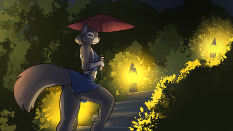 anthro bottomless butt clothed clothing eyes_closed female fur grey_body grey_fur hair lamp lantern low-angle_view night rear_view short_hair solo stairs umbrella upskirt feretta vixavil_hayden canid canine fox mammal red_fox silver_fox true_fox 16:9 digital_media_(artwork) hi_res shaded widescreen