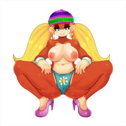 anthro areola biped blonde_hair blue_eyes breasts clothing crouching ear_piercing ear_ring female footwear hair half-closed_eyes hat headgear headwear high_heels hoop_ear_ring long_hair looking_at_viewer narrowed_eyes navel nipples panties piercing ring_piercing shoes simple_background smile solo spread_legs spreading underwear white_background matospectoru donkey_kong_(series) nintendo tiny_kong haplorhine kong mammal monkey primate 1:1 2016