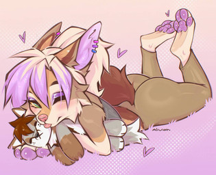 anthro bangs blush bottomwear butt cheek_tuft clothing crop_top ear_piercing eyelashes facial_tuft female green_eyes hair heart_symbol hug hugging_object hugging_plushie looking_back multicolored_hair on_ground one_eye_closed pants pawpads paws piercing pink_nose plushie ponytail shirt solo tail tongue tongue_out topwear tuft two_tone_hair yellow_sclera alivion rinka_eya canid canine mammal